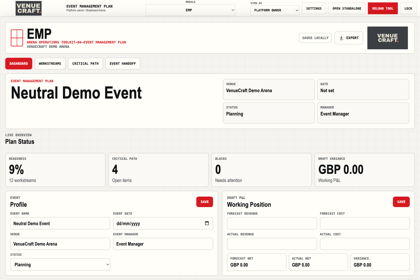 Event management plan module with tasks, event details and planning controls.