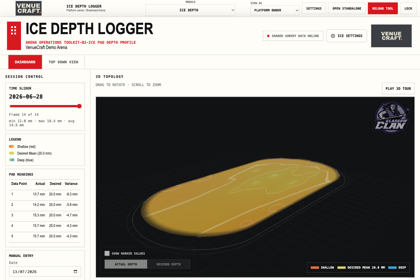 Ice depth logger dashboard with 3D ice render and manual readings.