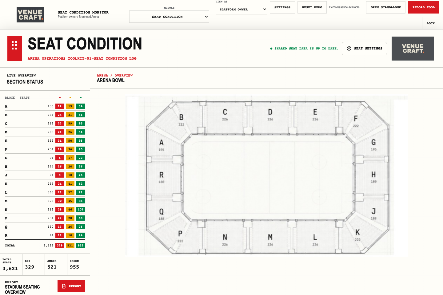 Arena Operations Toolkit shell showing module navigation, global settings, toolbar actions and demo reset.