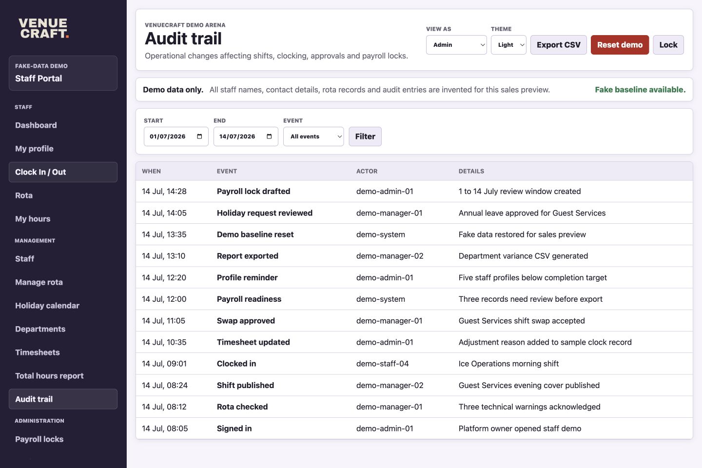 Staff Portal audit trail showing fake operational changes, actors and details.