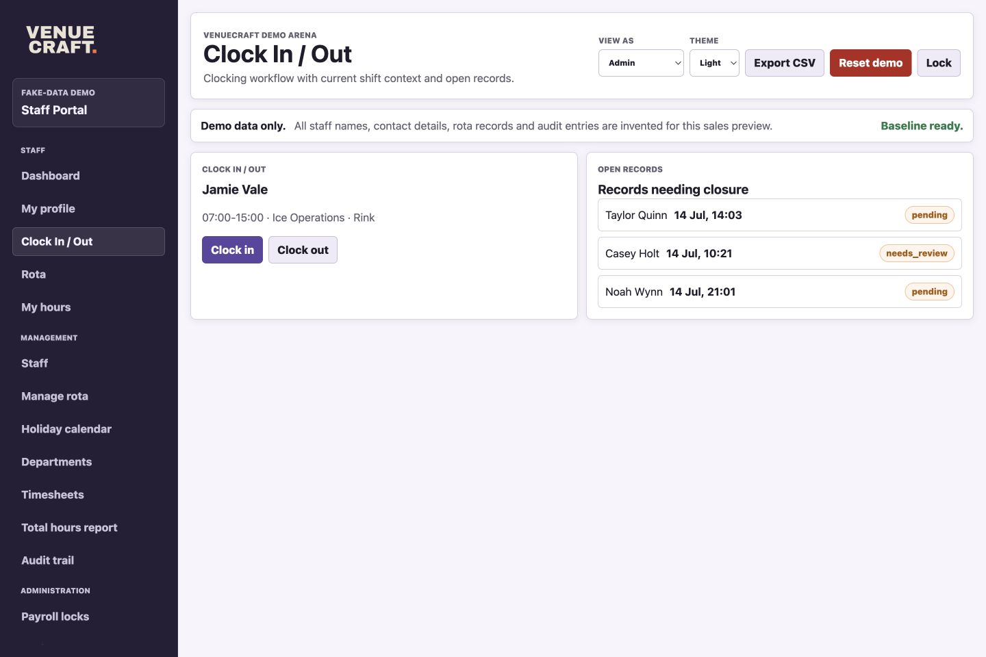 Staff Portal clocking screen with current shift context and open clock records.