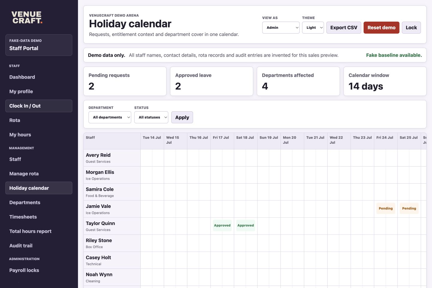 Staff Portal holiday calendar showing fake leave requests, status and department cover.