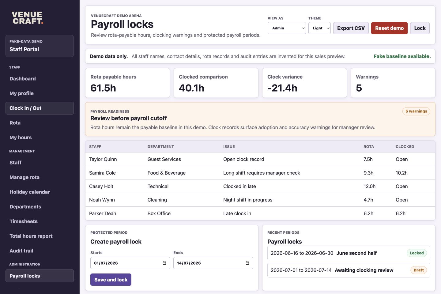 Staff Portal payroll controls showing fake payable hours, clocking warnings and protected periods.